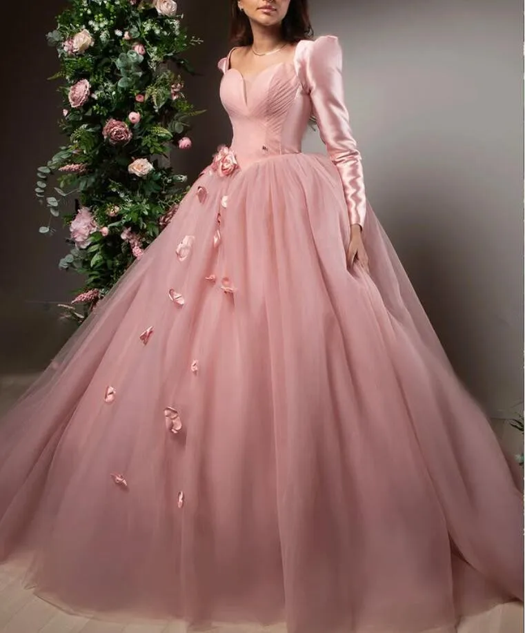 Blush Pink Saudi Prncess Evening Formal Dresses Long Sleeve Off Shoulder Customsized Arabic 3D Floral Prom Gown Garment