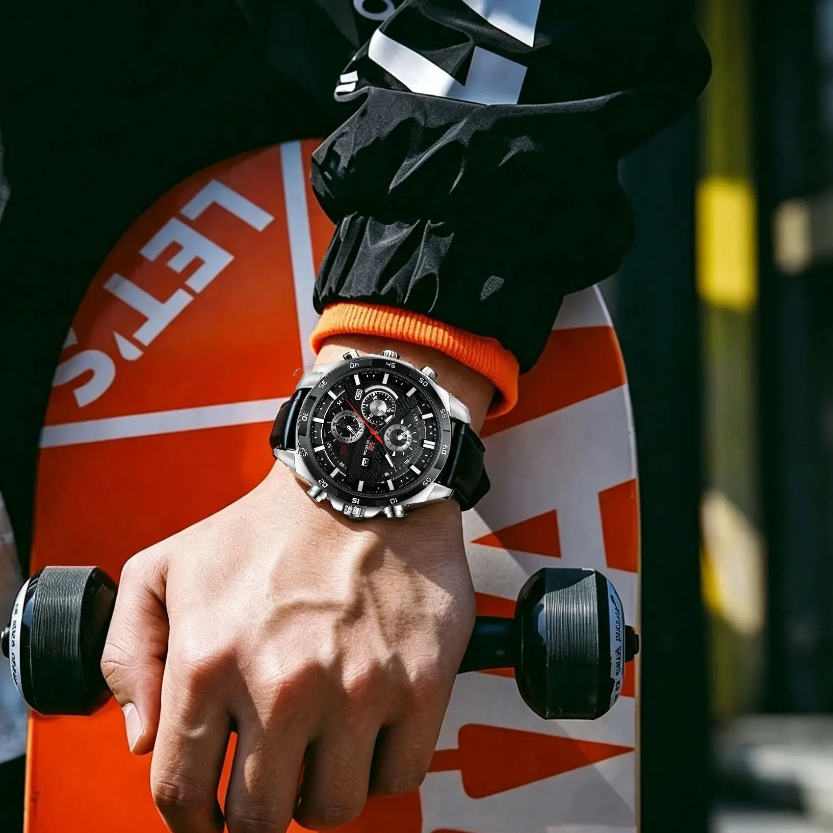 Men Sports Racing Series Watch 46mm Black Leather Strap Calendar Luminous Waterproof Quartz Wristwatch Everyday Wear Masculino