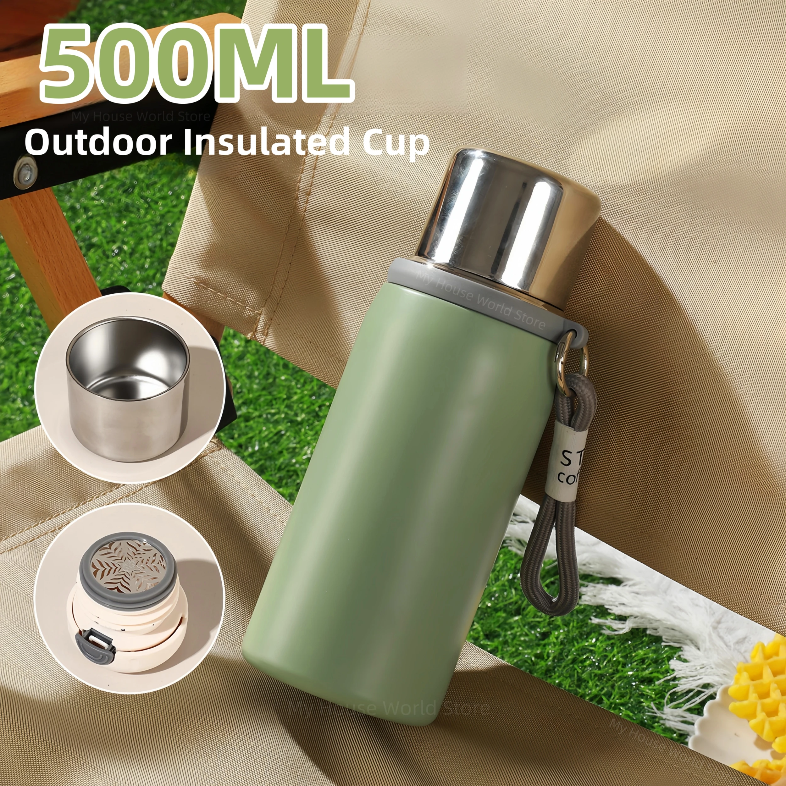 500ml Thermos Bottle Stainless Steel Vacuum Insulated Cup with Handle Portable Keep Cold Hot Tumbler Outdoor Sports Water Bottle