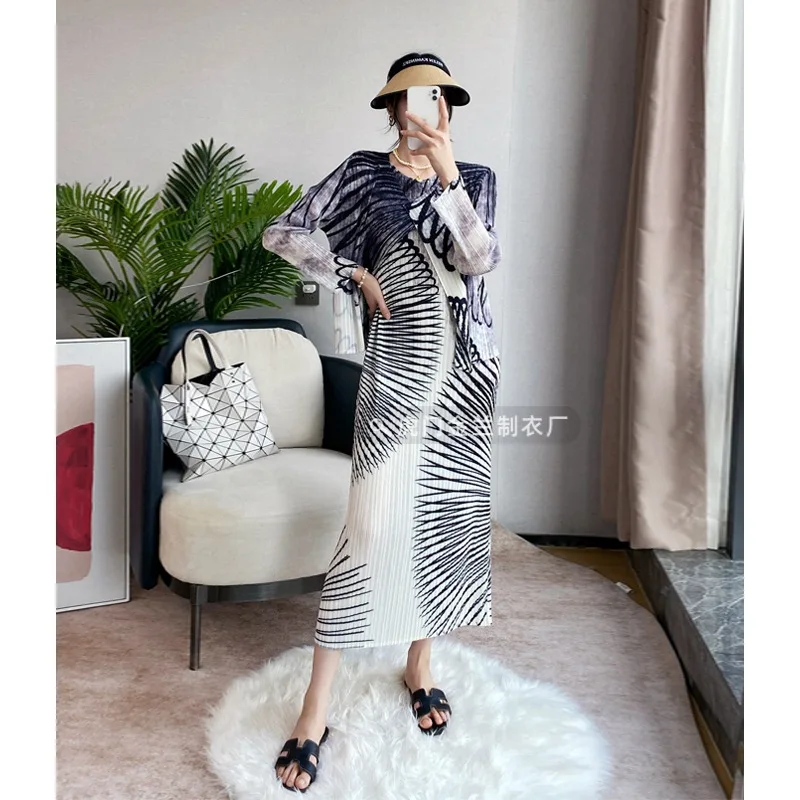 ALSEY Vest Dress 2025 Summer New Premium Feeling Temperament Miyake Pleated Cardigan Printed Women's Dress Fashion Two Piece Set