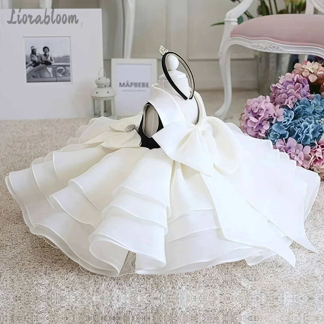 Abito Formale Semplice Bianco e Nero per Ragazze, Vestito da Sera con Gonna Ampia, Stile Principessa, Abito da Damigella, Elegante Abbigliamento Formale