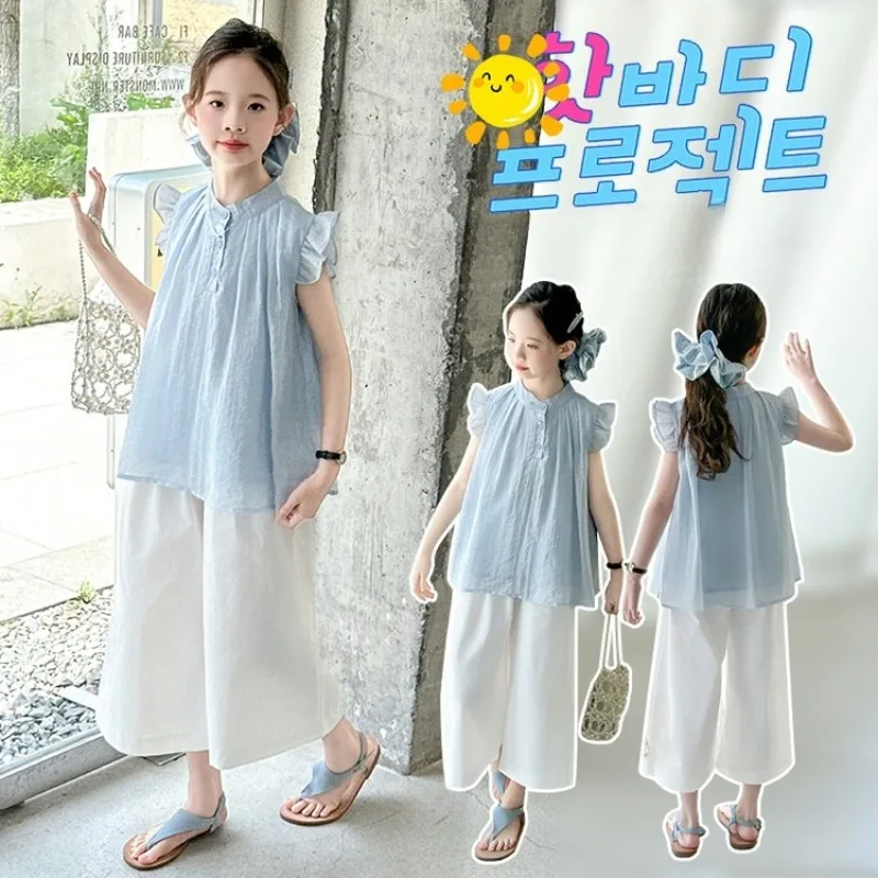 

Комплект одежды с развевающимися рукавами для девочек, модная детская шифоновая тонкая блузка + широкие брюки, комплект из двух предметов, новинка 2023 года