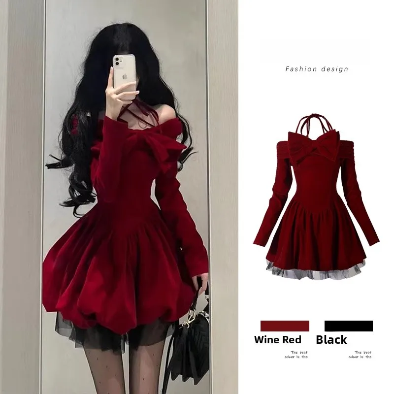 レッドベルベット ワンショルダー ロングスリーブ ドレス 新年衣装 レディース 冬服 ファッション ハイウエスト Aライン ドレス