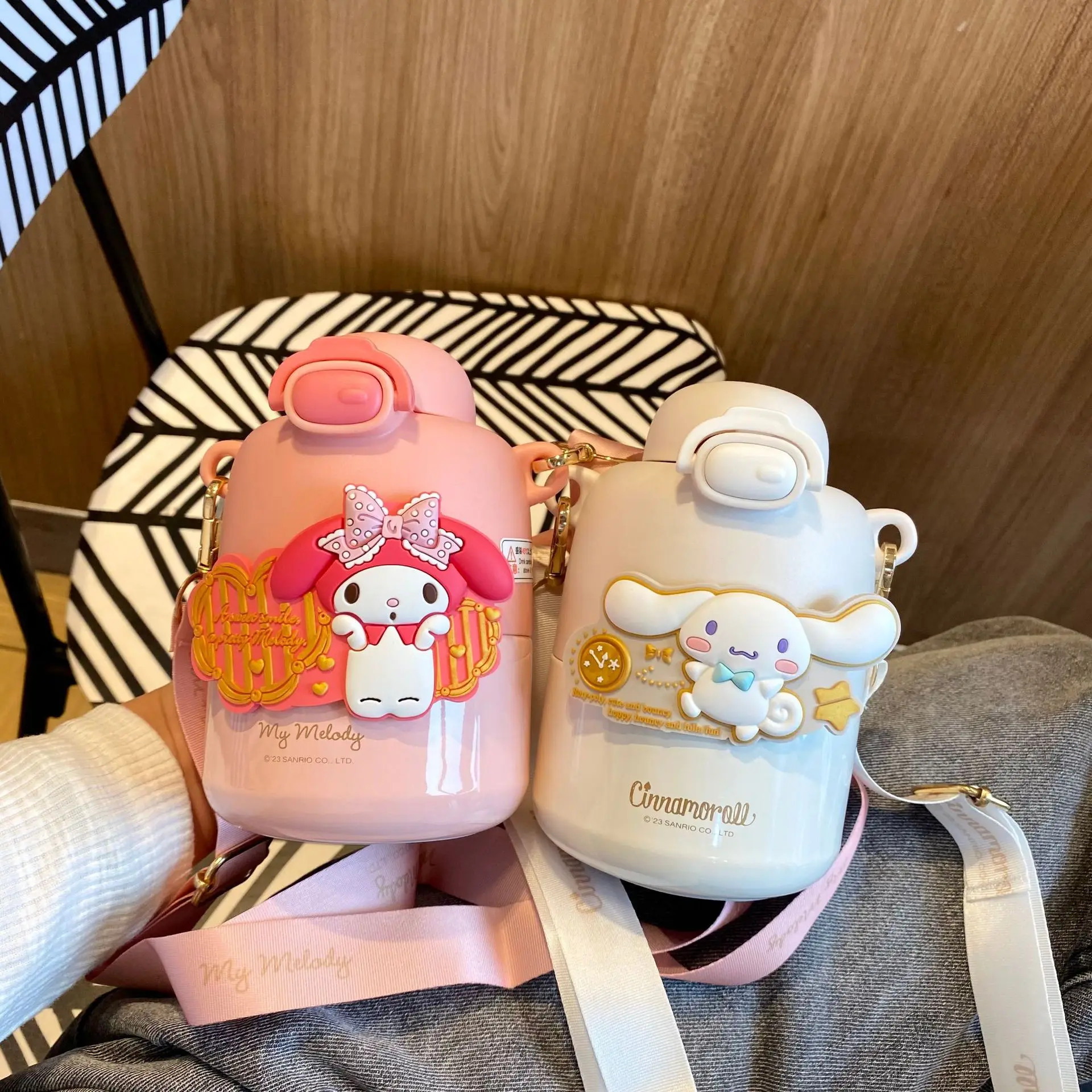 New Sanrio My Melody Kuromi Cinnamoroll Vacuum Cup 430ML Pochacco Kids 316 Stainles Steel Thermos Cup Strap Water Bottle Gifts