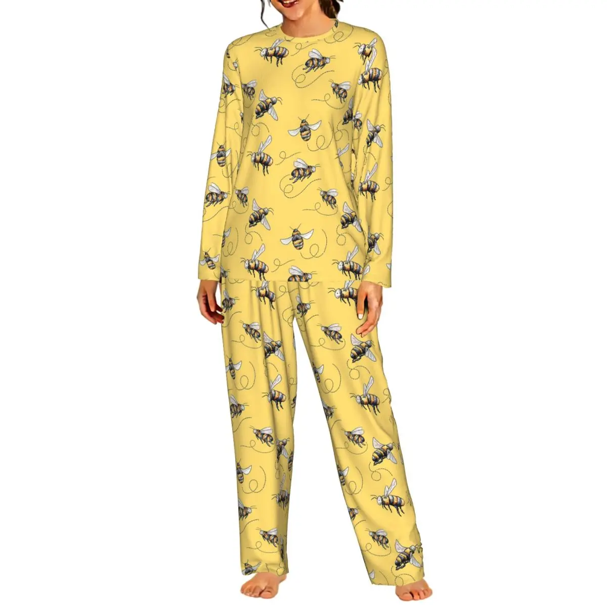Cartoon Honey Bee Pattern Round Neck Long Sleeves Nightdress for Sleeping Sleepshirts Women Loose Pajama Set Long Pants
