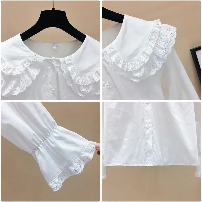 Stylish Lace Doll Neck Base White Thin Shirt for Women\'s New Spring Autumn Sweet Age Reducing Versatile Temperament Elegant Top