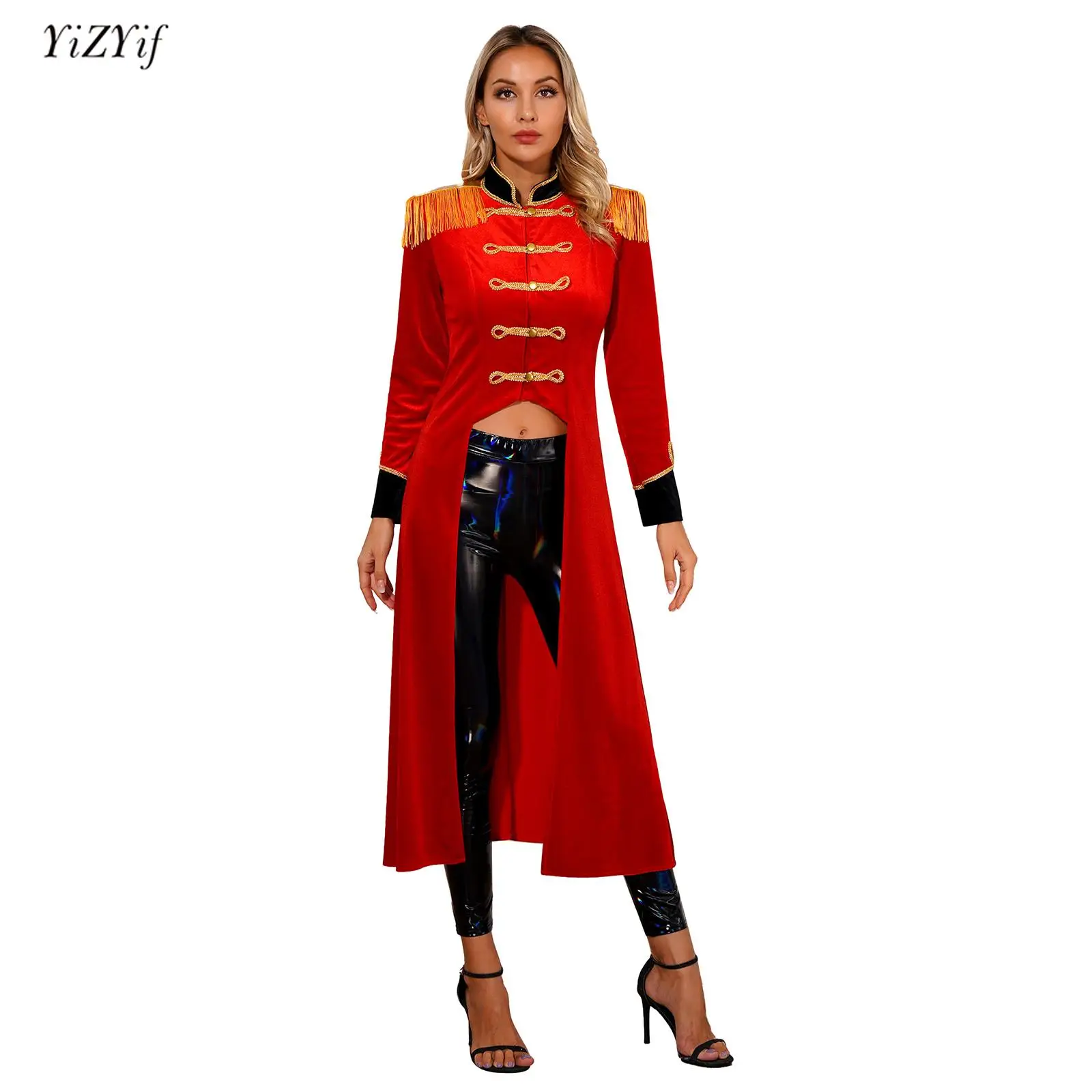 

Womens Halloween Circus Ringmaster Cosplay Costume Velvet Tailcoat Renaissance Gothic Long Sleeve Fringe Shoulder Boards Jacket