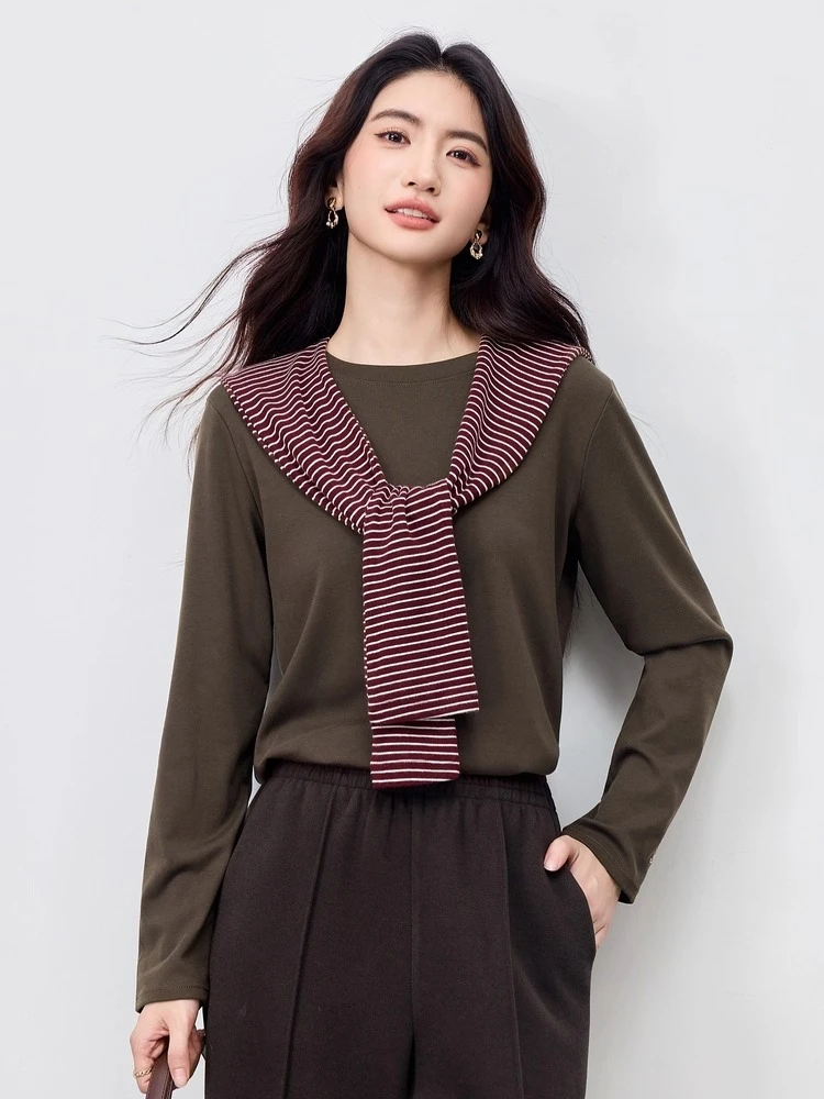 

SENTUBILA Long Sleeve T-Shirts Women's Autumn and Winter New Bottoming Shirt Cuff Letter Embroidered Warm O-neck Tops W54SF3968