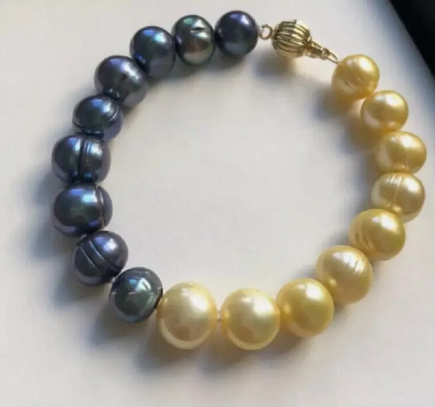 

Fashion Jewelry 9-10mm South China Sea Black Gold Pearl Bracelet 14K Clip