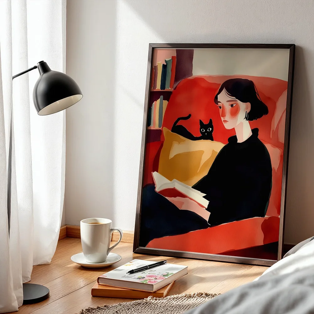 Woman Reading On Sofa With Black Cat Canvas Poster Wall Art,2D Print Wall Decor,Aesthetic Home Gift For Living Room Bedroom