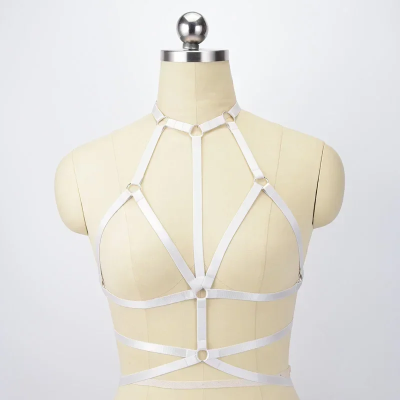 

White Polyester Harness Sexy Crop Top Lingerie Bondage Harness 90's Open Chest Cage Bra Harajuku Style Wedding Garters O0555