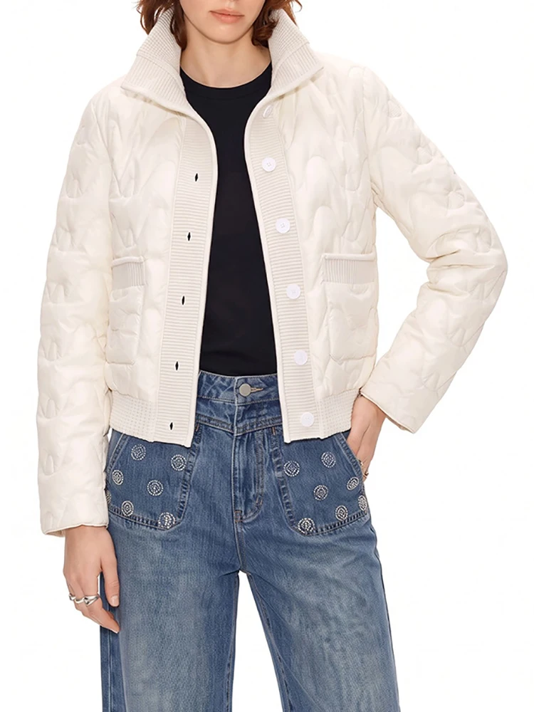 Women's knitted patchwork short-sleeved down jacket for 2026 autumn-winter, lightweight and casual outerwear down coat