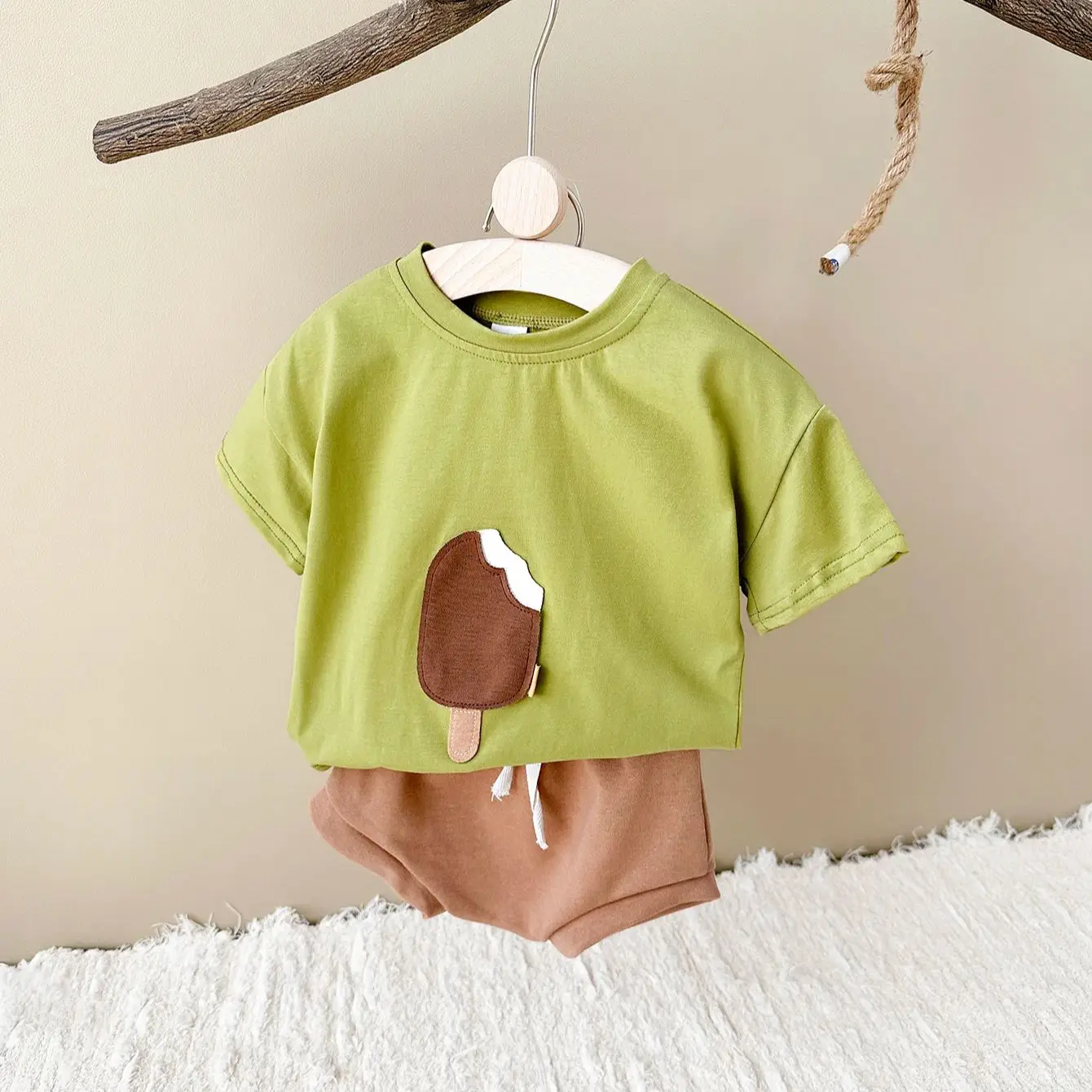 Newborn Summer Baby Children Clothing Set Boy Girl 2PCS Ice Cream Patch T-shirt+Triangle Shorts Cotton Infant Suit Kids 0-3Y