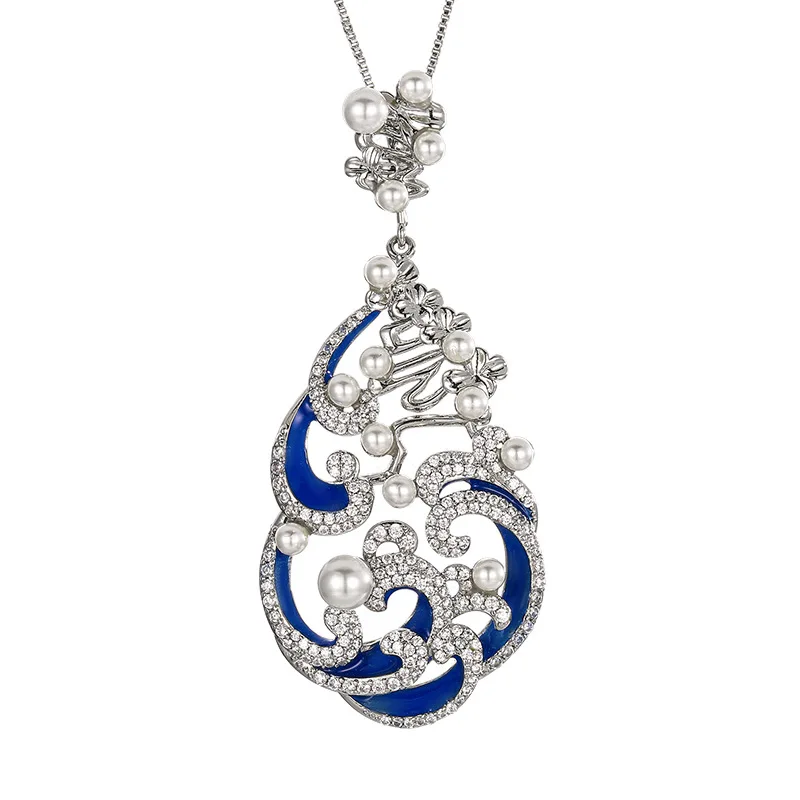 Luxurious Elegant Blue Enamel Gourd Pendant Necklace Pearl CZ Inlaid Vintage Ethnic Jewelry for Women Anniversary Gift