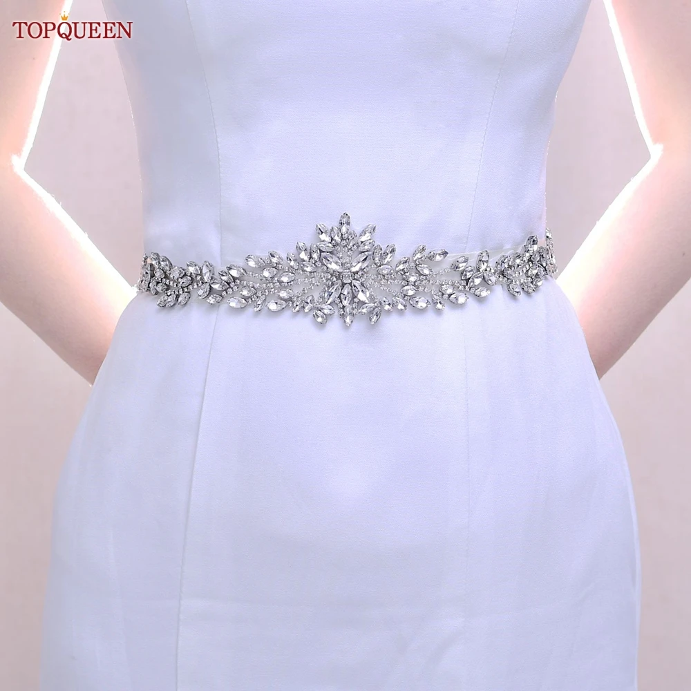 TOPQUEEN Luxury Diamond Handmade Wedding Belt Silver Evening Dress Waist Decorative Patch Bridal Accessories S11