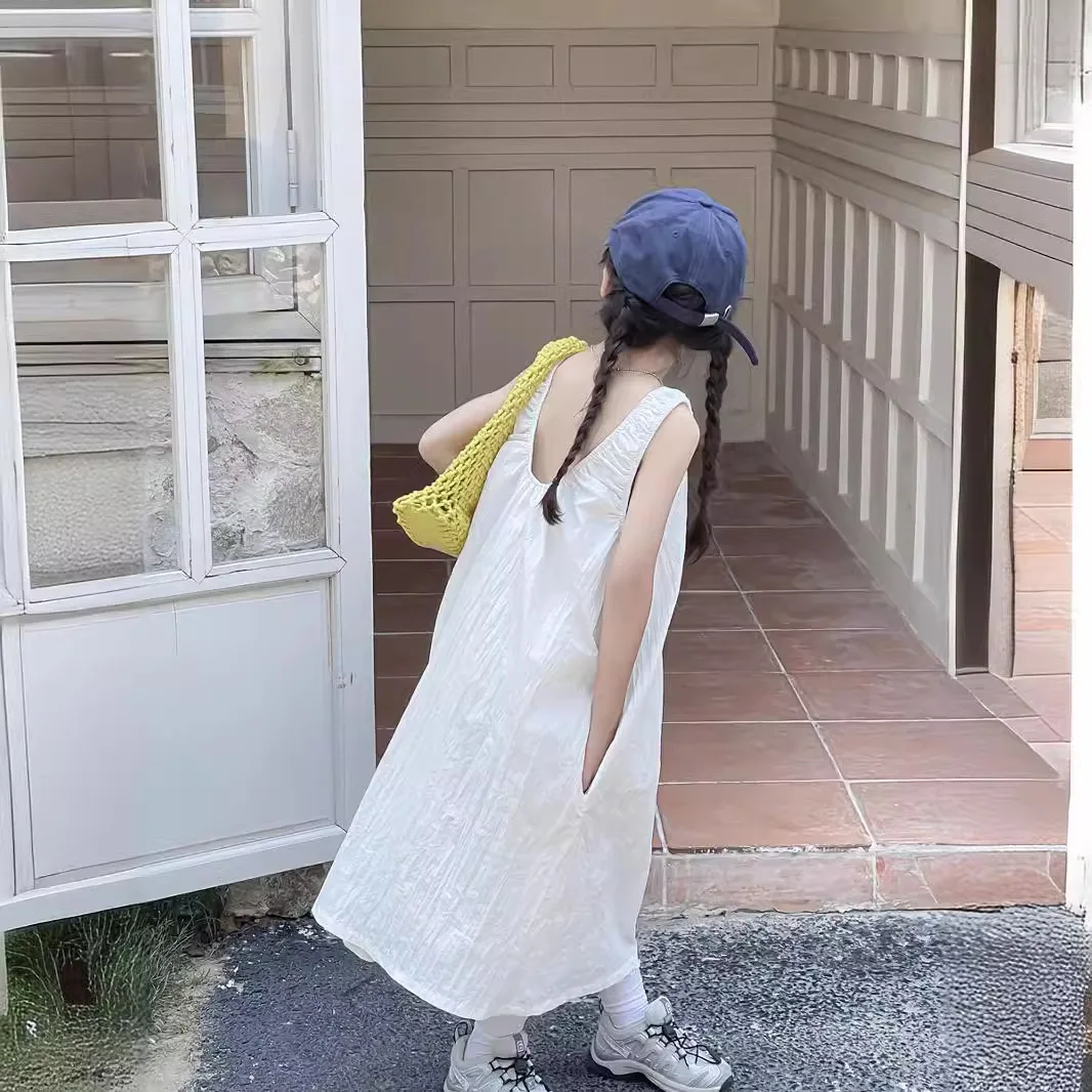 Girl Dress Princess Girls French High-grade V-neck Design Sense Loose Sleeveless Dress Summer Baby Girl Backless Dress