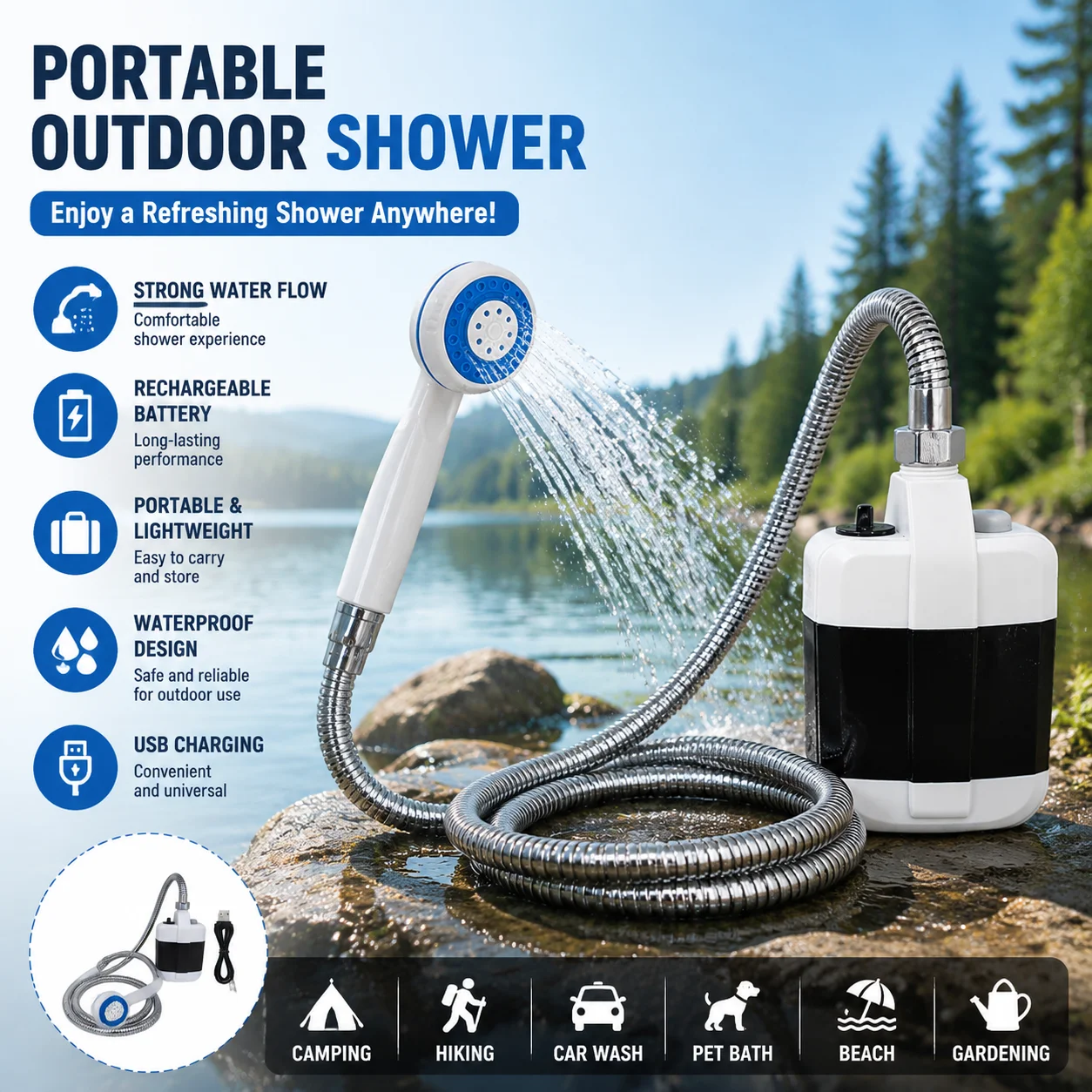 Chuveiro Portátil para Camping com Bomba Elétrica Recarregável USB ...