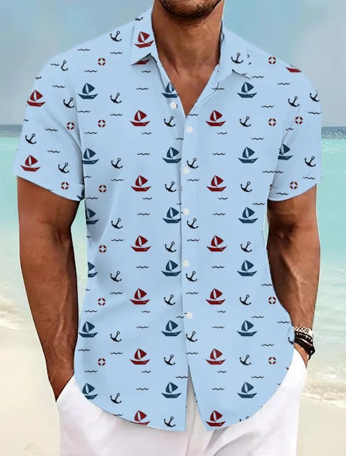 Sailboat Graphics Men\'s Resort Hawaiian Casual 3D Printed Street Shirt Summer Turndown Short Sleeves 4-Way Stretch Fabric Shirts