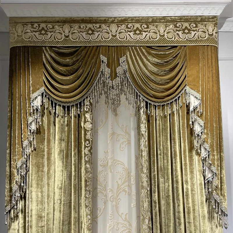 

European Style Retro Velvet Luxury Curtains for Living Room Bedroom Dining Valance Tulle Custom Size Decoration Romantic Drapes