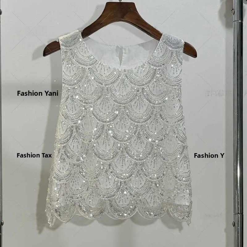 

Faionable Heavy Bead Embellied Svel Bright Sequin Women's irt Design Sense Top Ele Tank Vest Commute Sle Lo...