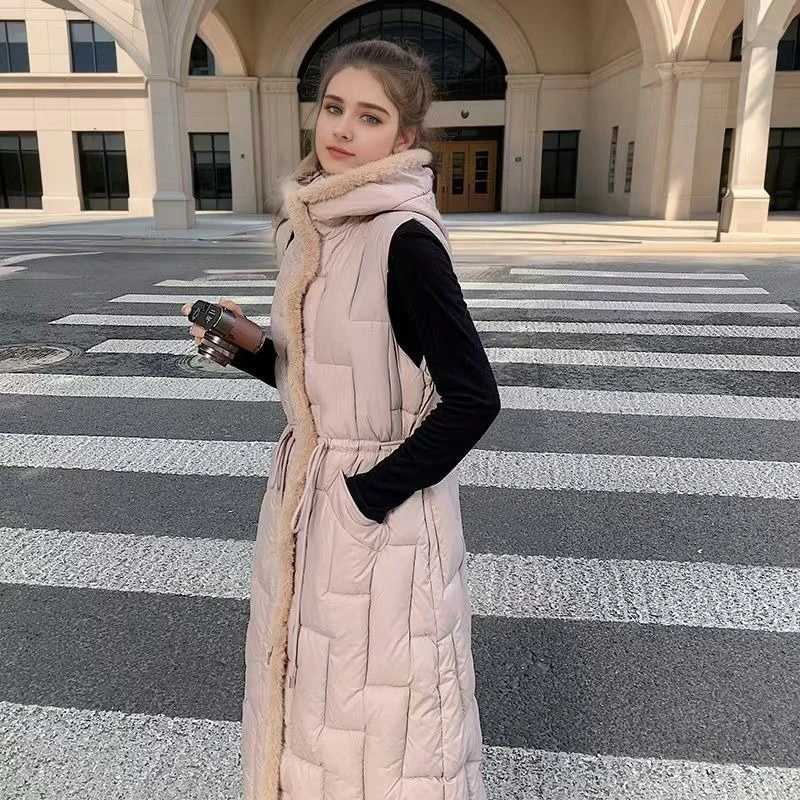 

2025 Autumn Winter Women's Slim Fit Down Cotton Vest with Hood Mid Length Over Knee Warm Coat Vest Outerwear
