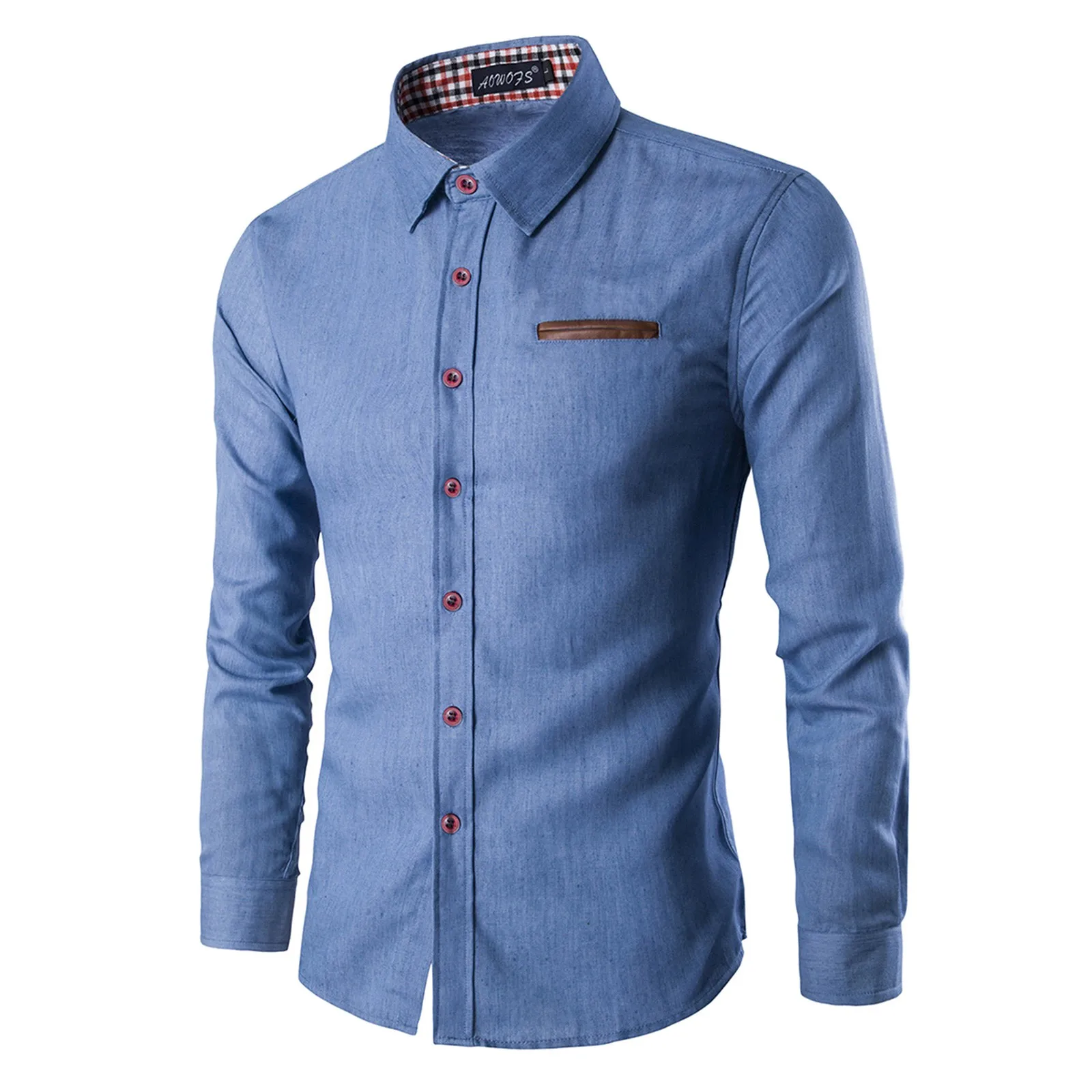 

Men Shirts Solid Color Turn Down Collar Blouse Pocket Slim Business Basic Shirts Tops Vintage Outwear Business Dress Shirts Male