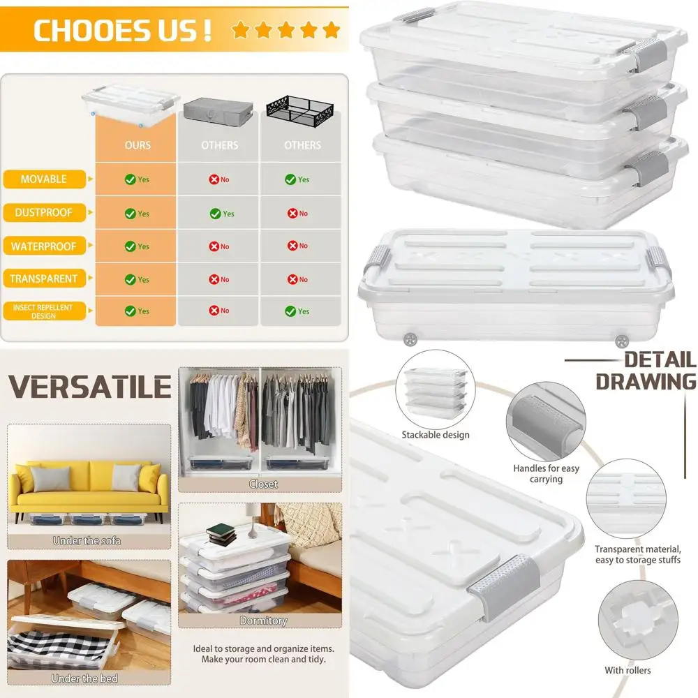 Grandes caixas de armazenamento de plástico transparente com rodas e tampas para uso embaixo da cama, ideais para roupas, sapatos e cobertores (23,7 x 15