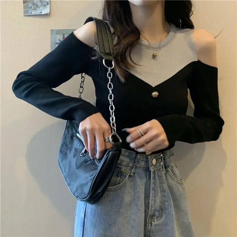 Off Shoulder Contrast Short Pullovers Top Spring Autumn Hollow Out Slim Patchwork Trend Sweaters Korean Fashion Women Clothing