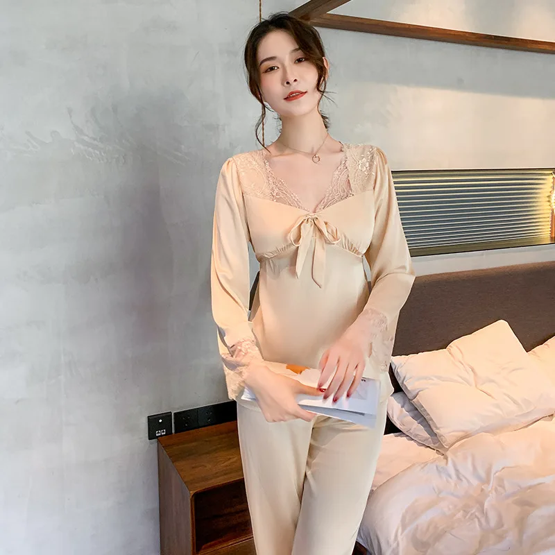 V-Neck Lace Pajamas Set Spring Summer Women Sleepwear Pijamas Suit Intimate Lingerie Casual Female Silky Satin Home Clothes