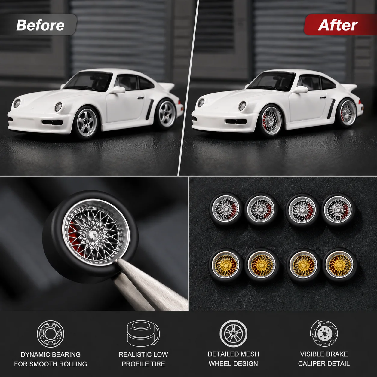 X-Scale 1/64 Model Car Rubber Tires, Dynamic Bearing Wheels with Brake Discs, 10.8mm Removable Tire Set for Diecast Alloy Car