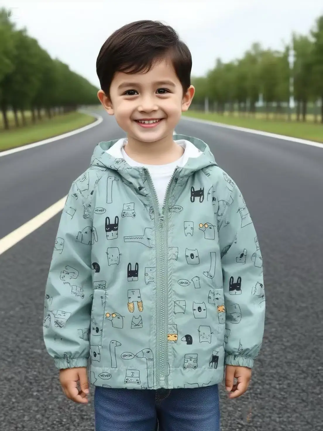 Autumn jacket, cartoon pattern on light green background, colorful dinosaur on dark blue background, comfortable and versatile,