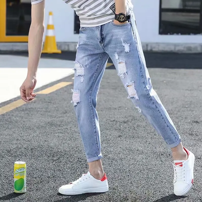 Men's Summer Thin Loose Straight Leg Jeans Casual Nine Point Ankle-Length Torn Elastic Cotton Denim Youth Fashion Wear