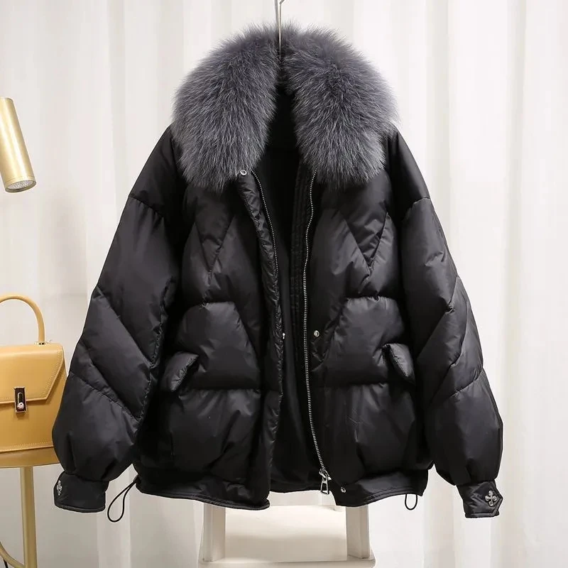 2024 Natural Fox Fur Collar Loose Oversize 90% White Duck Down Jacket Women Winter Outwear Coat Short Down Parkas Female