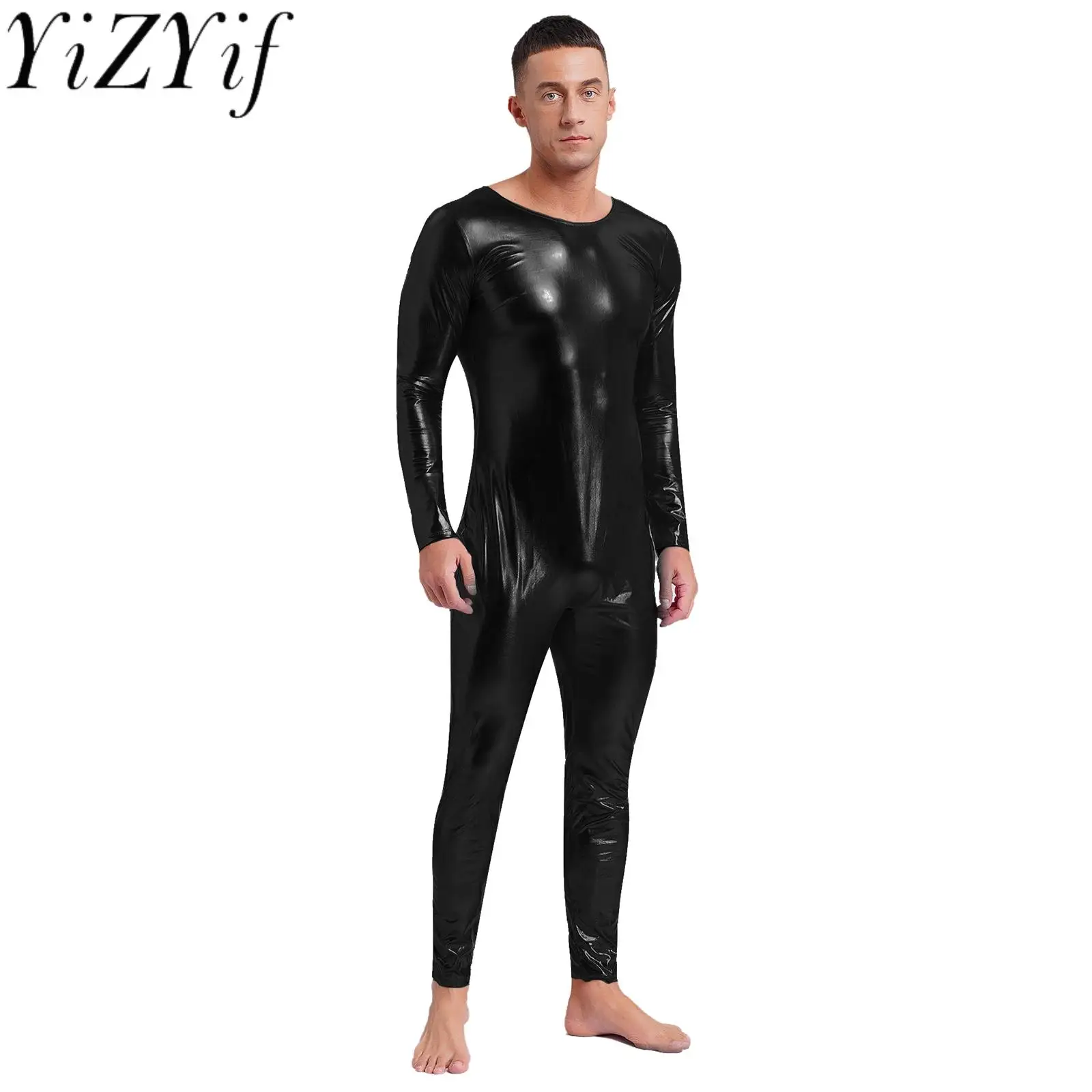 Men Shiny Metallic Jumpsuit Fashionable Slim Fit Skinny Sport Yoga Gym Outfits for Body-shaped Screen Accessory Costumes