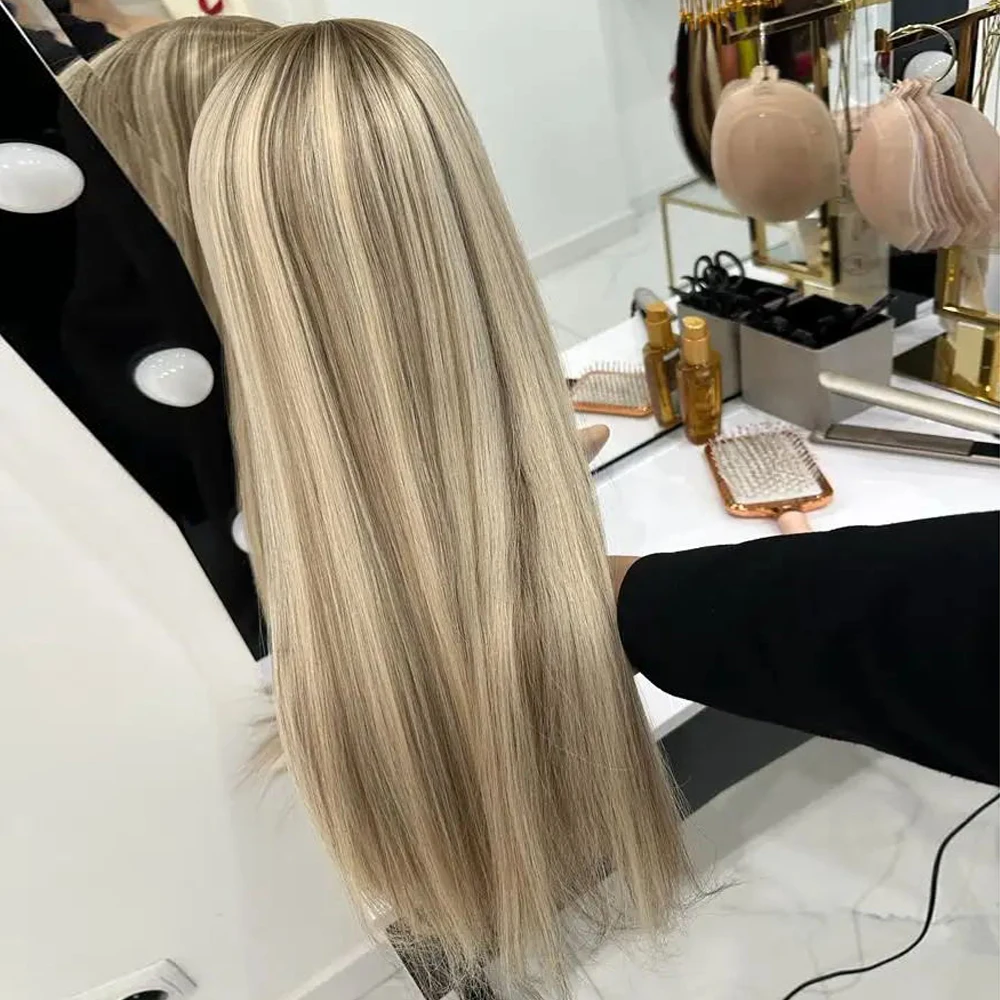 Peluca recta de pelo Natural europeo, alta calidad, rubia fresca, reflejos Balayage, encaje completo, HD 13x6, encaje frontal superior, 180%