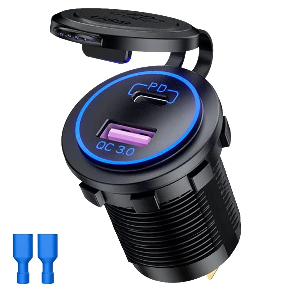 12V Dual USB Car Quicker Charger Socket QC3.0 and PD Car Accessories Fast Charging Phone Charger for RV Yacht Car