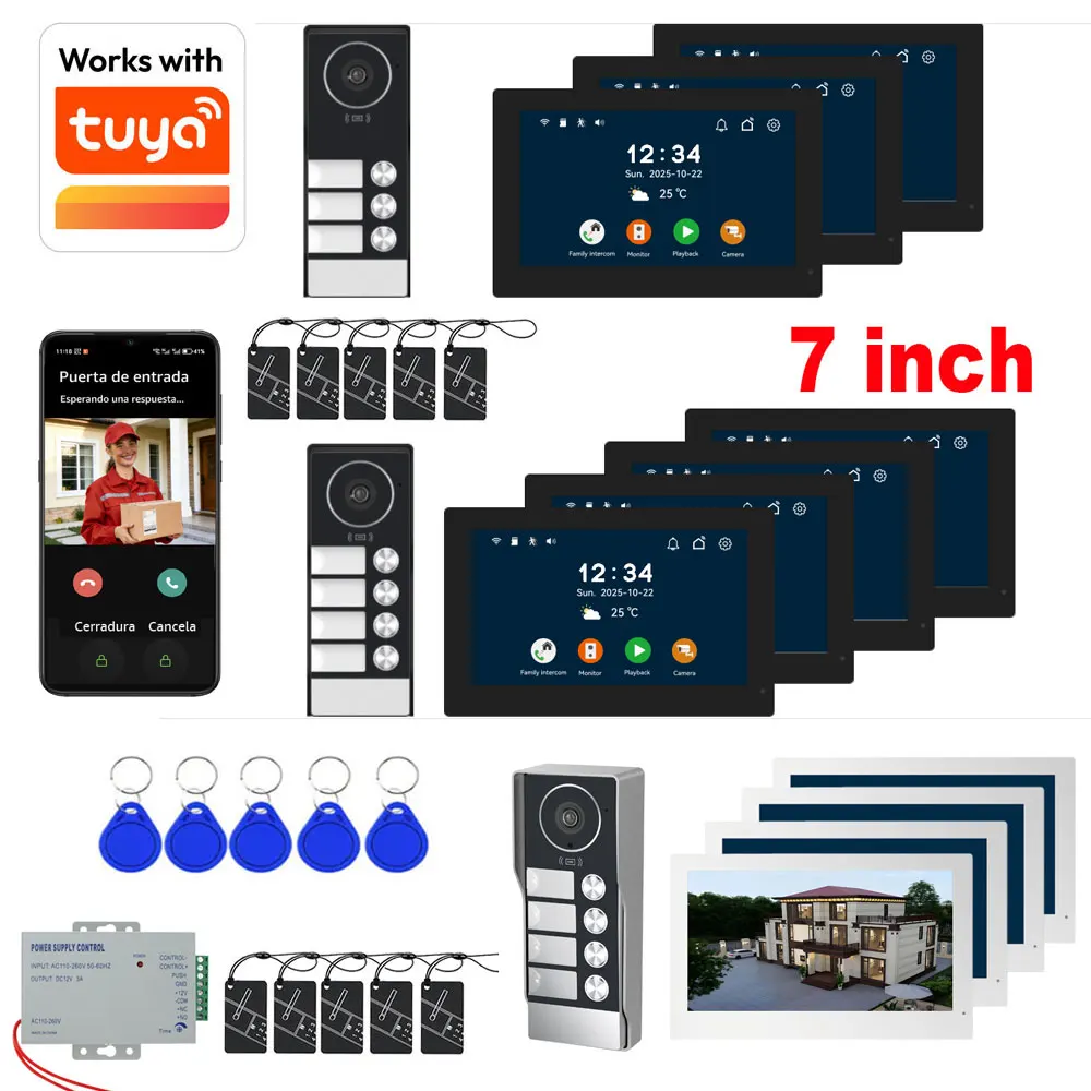 2-Draht-Video-Gegensprechanlage für 2-4 Wohnungen, 7-Zoll-WIFI-Monitor, 1080P Türsprechkamera, Video-Türklingel, Karten-Tuya-Entsperrung
