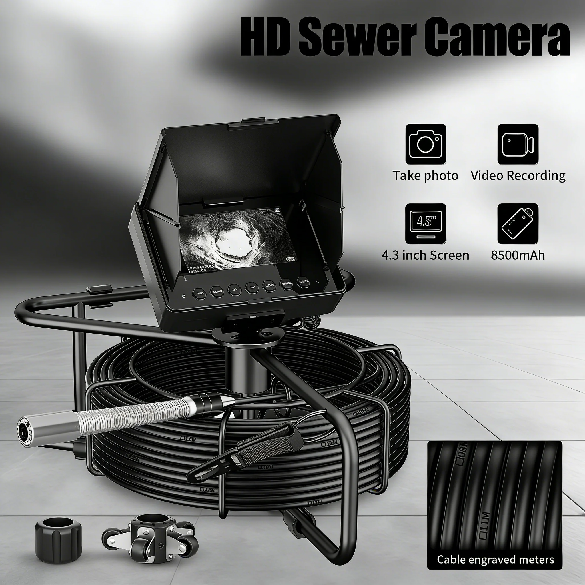

Канализационная камера 100 футов/30 м, эндоскопическая камера с 12 светодиодами, IPS-экран с диагональю 4,3 дюйма, карта 32 ГБ, камера 17/23 мм с аккумулятором 8500 мАч