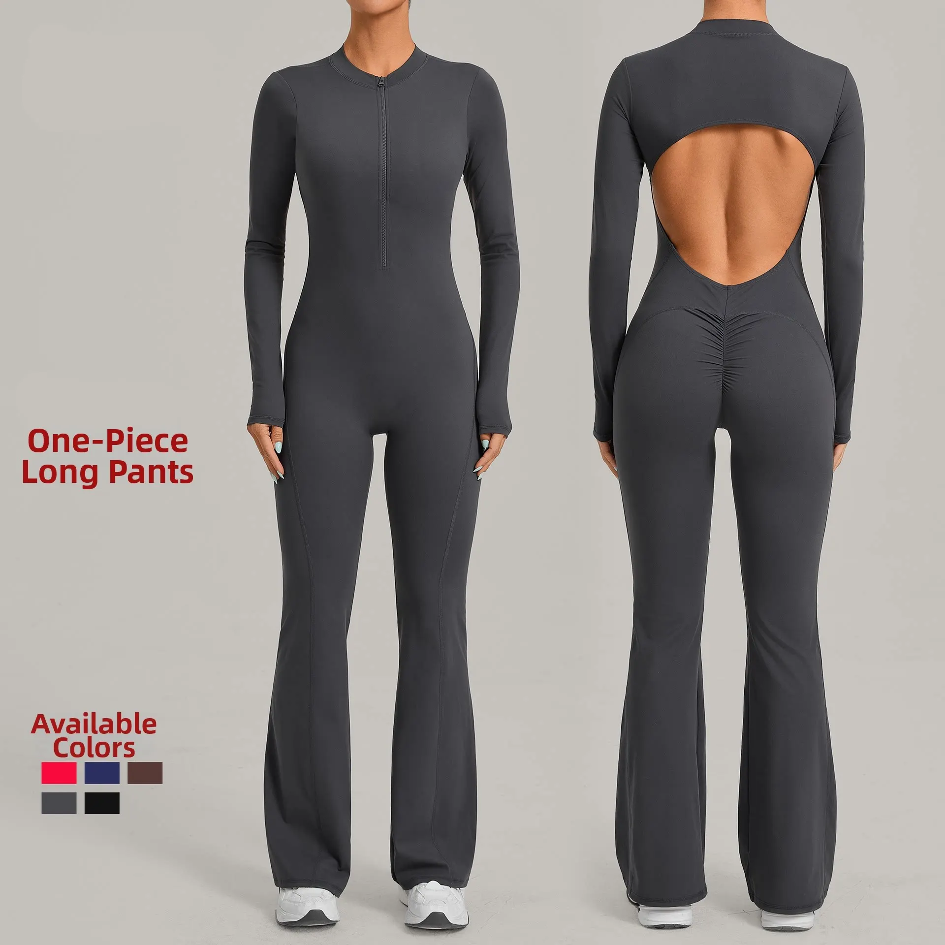 Women Long Sleeve One‑Piece Jumpsuit Stand Collar Flared Wide Leg Yoga Bodysuit For Running Gym Fitness Workout Sports