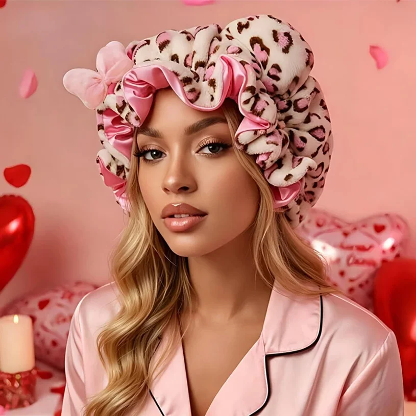 Unisex Leopard Plush Bow Sleep Bonnet Satin Lined Anti-Frizz Quick Dry Bath Cap Men Women Night Hair Protection Shower Head Wrap