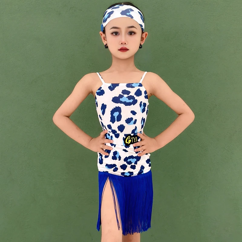 Costumi di danza latina con stampa leopardata blu per bambini, patchwork sexy, Cha Cha Tango, stile classico, 1 set per lotto