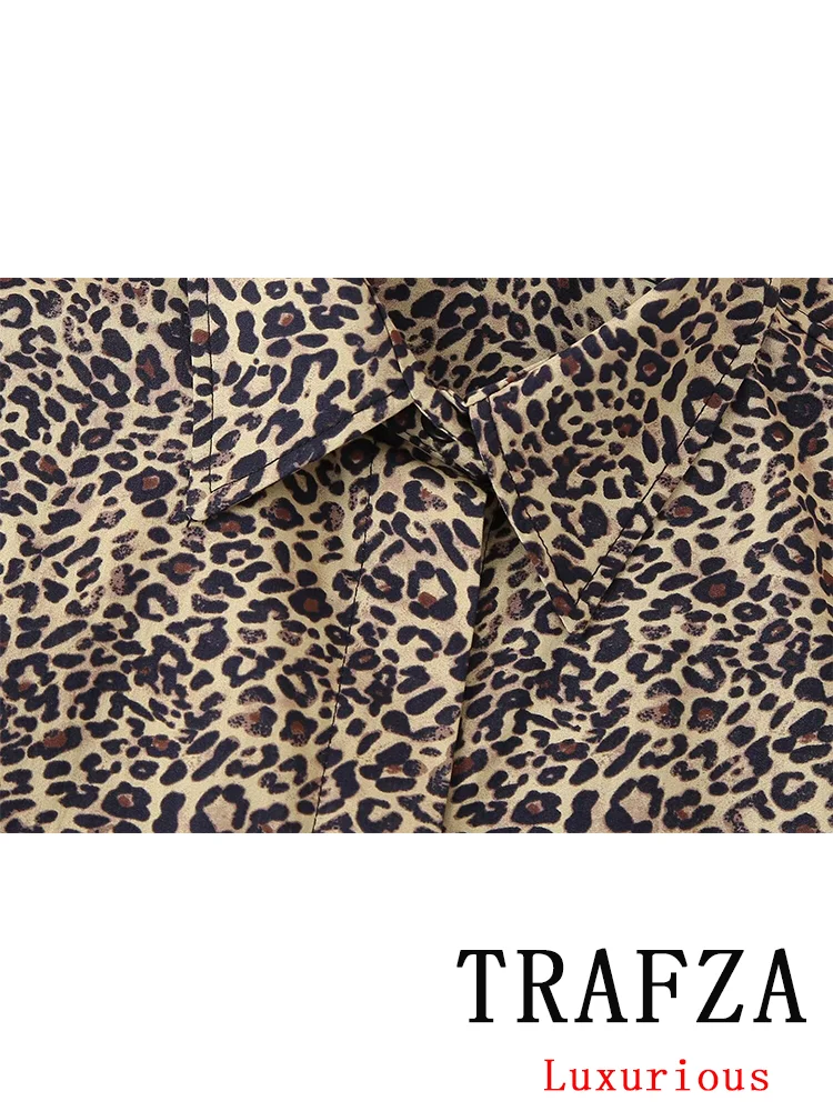 TRAFZA Vintage Causal Chic Women Suit Print Leopard Hidden Breasted Short Sleeve Blouse Loose Shorts Fashion 2024 Summer Set