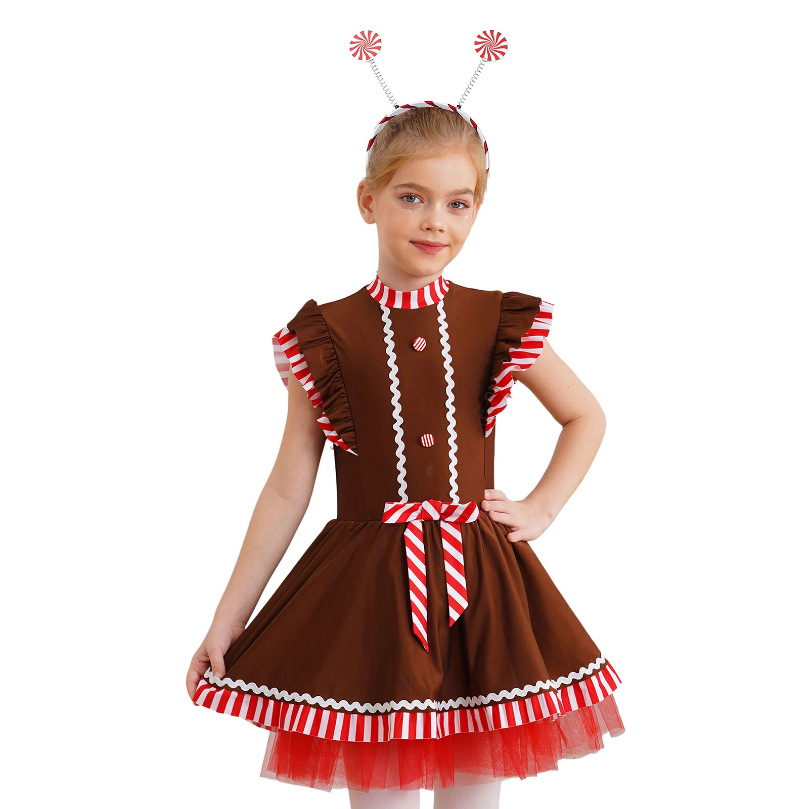 

Girls Christmas Gingerbread Man Costume Flying Sleeve Stripes Tutu Dress Dance Dress with Candy Cane Lollipop Hairband Hair Hoop