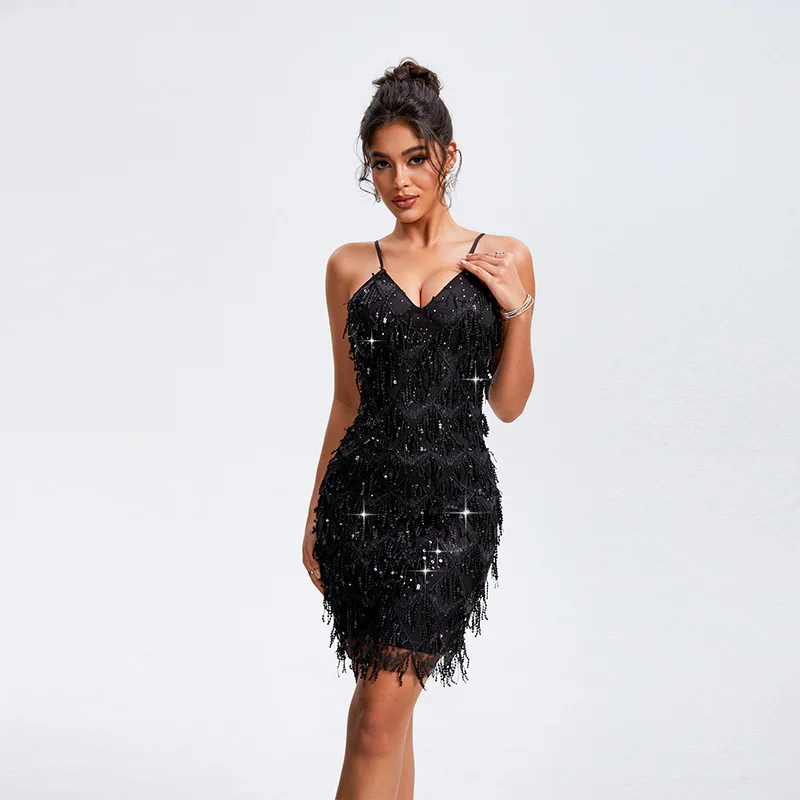 

2024 New Fashion Women V-Neck Sequins Fringe Dress Sexy Ladies Sleeveless Halter Party Hot Rhinestone Prom Beaded Female Dresses