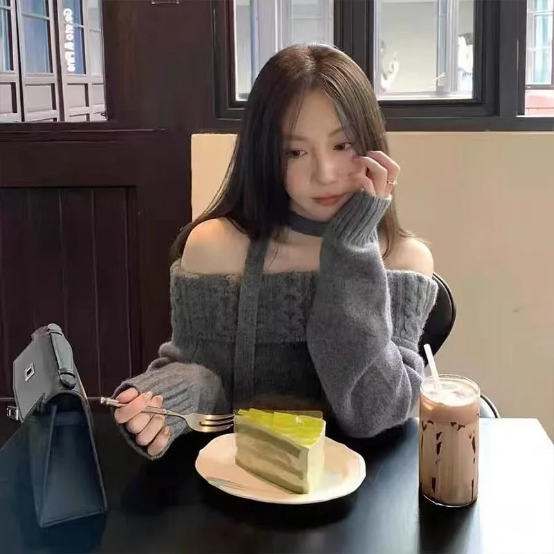 Roupas femininas moda slash neck manga longa pulôveres de malha outono inverno nova tendência elegante sólida solta blusas senhora y2k topo