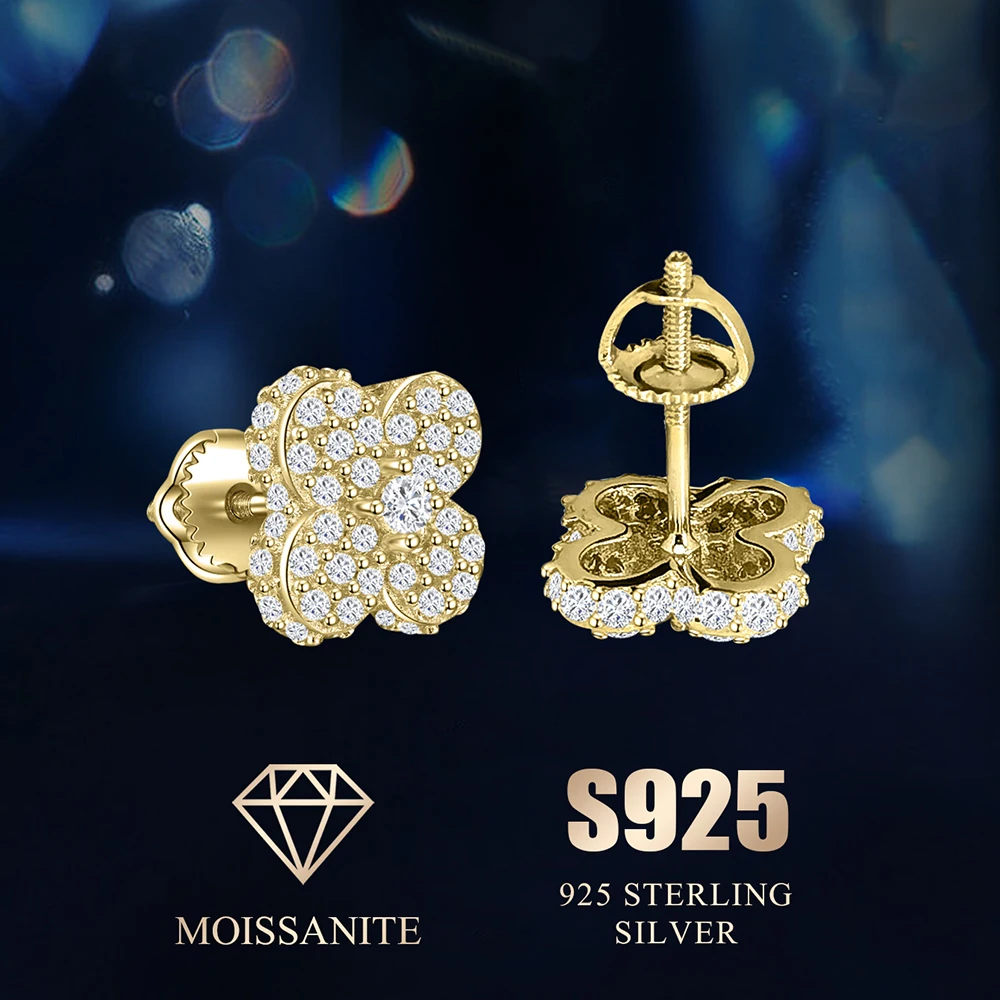 

Flower Stud Earring Four Clover Lucky Earrings for Women 14k Gold Plated 925 Sterling Silver Moissanite with Gra Certificate