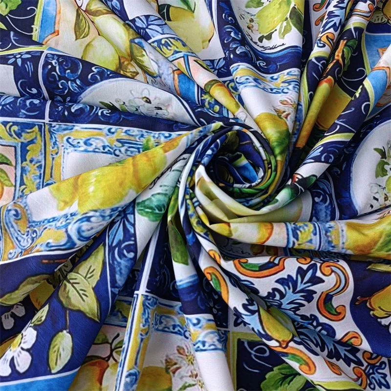 145x100cmEuropean new designer brand fabric lemon pattern digital print dress summer polyester cotton clothing fabric