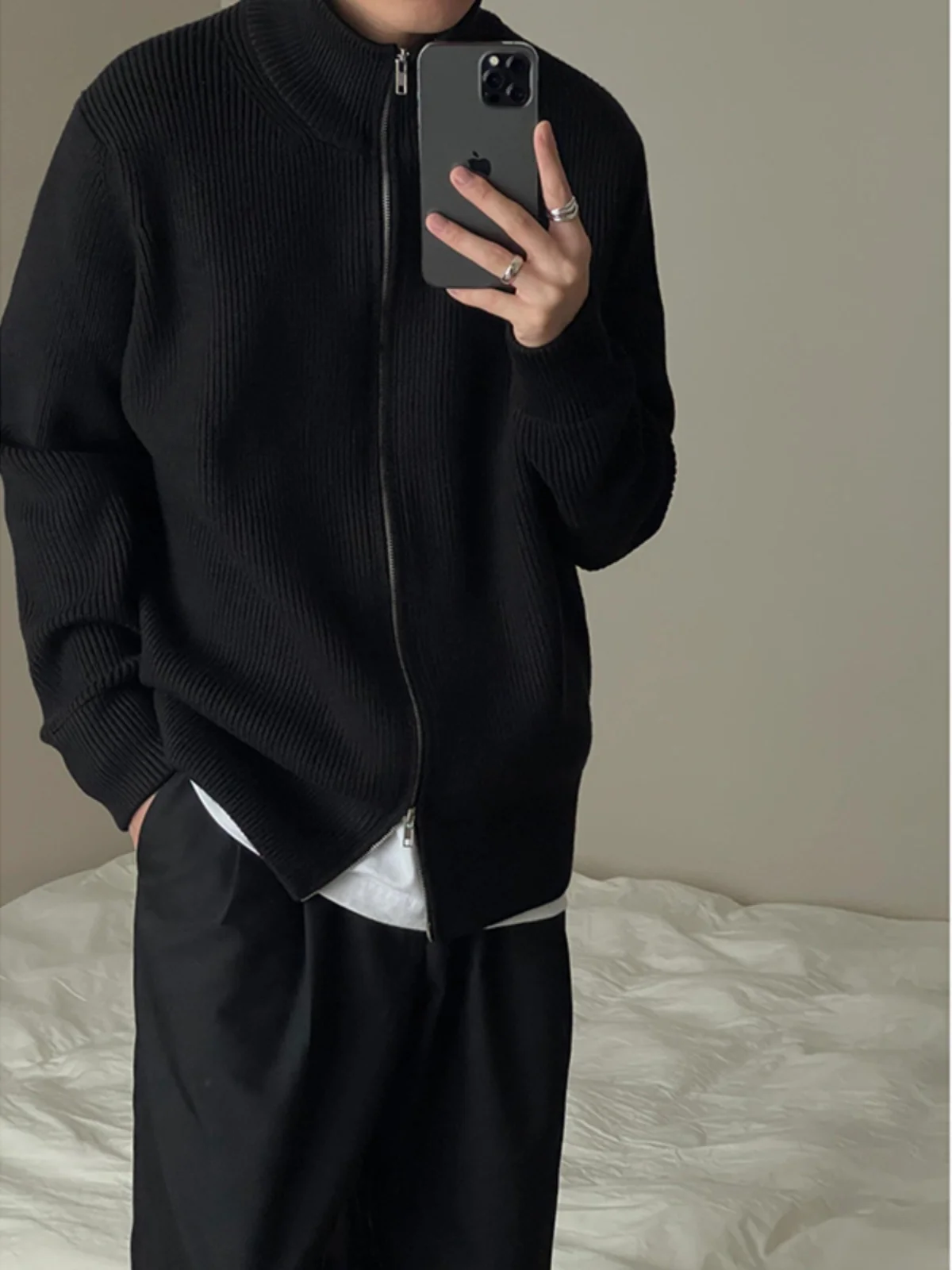 

Мужской кардиган-свитер с высоким воротником и двойной молнией, весенне-осенний, в американском стиле, модный вязаный жакет