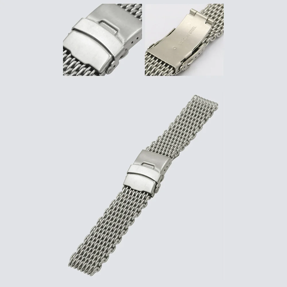 

Shark Mesh Stainless Steel Metal Watch Band Silver Folding Clasp Durable Comfortable Business Sports Daily Use