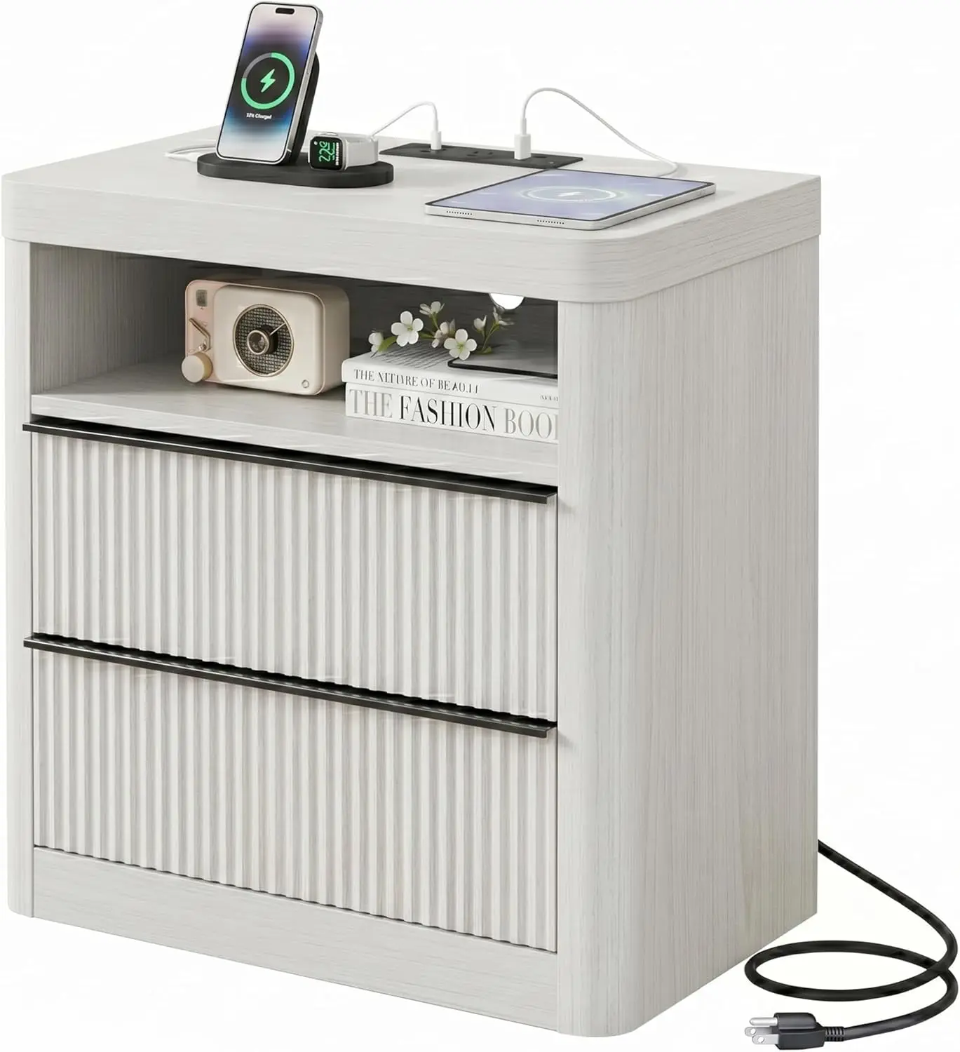 

LED Night Stand with USB & Outlet, Drawer Storage, Mid-Century Bedside Table for Bedroom & Living Room